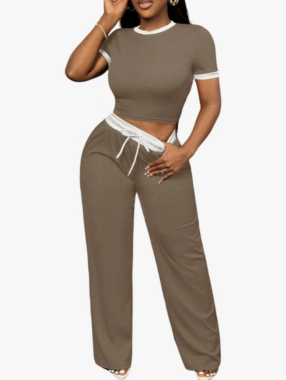 Women’s Taupe Crop Top & Wide Leg Lounge Set with White Trim